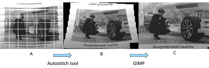 从原始图像（A）到拼接（B）和失真校正（C）图像的工作流。