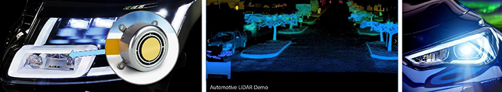 集成MR-15-30的Varroc照明系统前照灯（左），后视镜激光雷达扫描演示（中），自适应前照大灯（右）