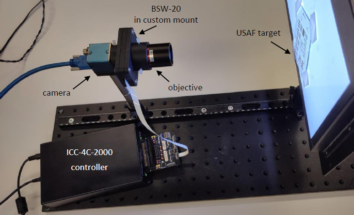 安装组件，BSW-20 位于相机和物镜之间。一个USAF目标用于显示分辨率的变化